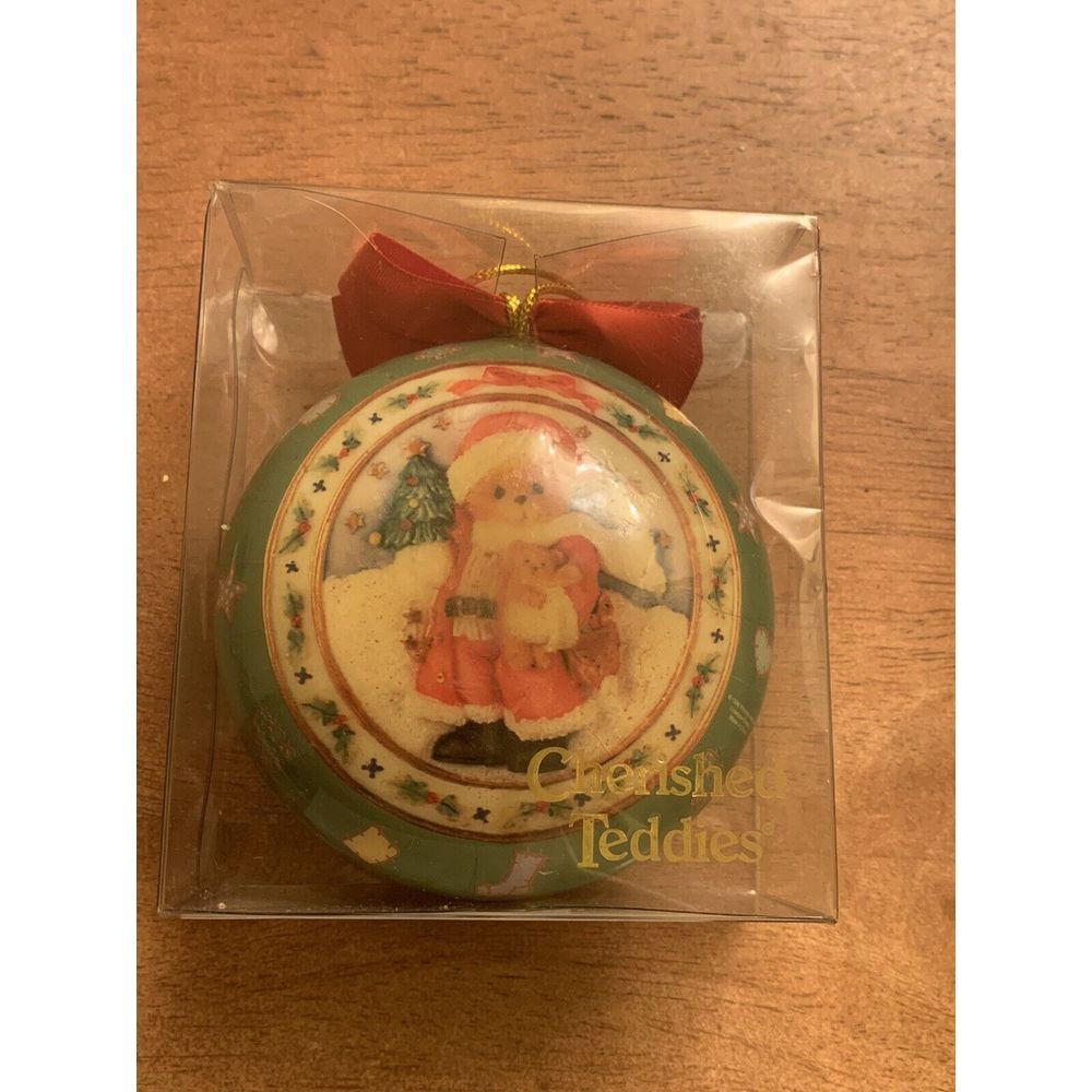 Vintage 1996 Enesco Cherished Teddies Round Christmas Ornament Santa Bear‎
